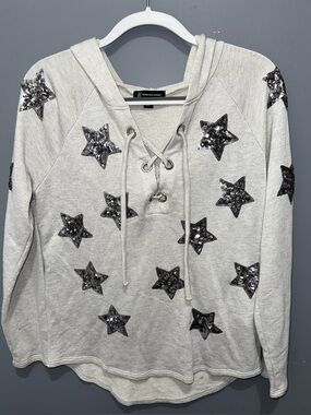 INC Women’s Sequin Star Hoodie Sweater - Heather Gray Lace-Up, Size M